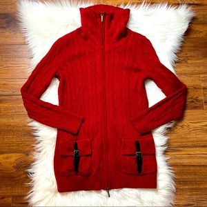 Lauren Ralph Lauren Women’s Red Turtleneck Cable Knit Full Front Leg Zip/Pockets